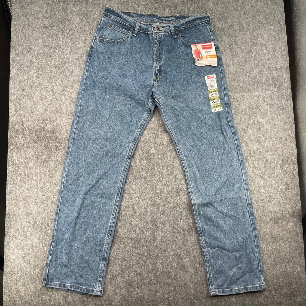 Wrangler Jeans Mens 35x32 Five Star Premium Regular Fit Flex Medium Wash Blue